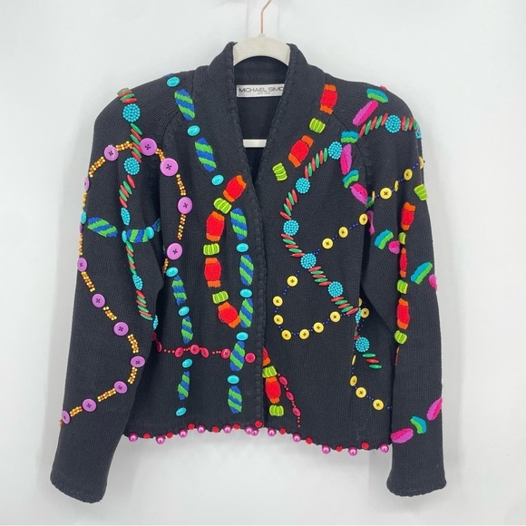 Michael Simon Sweaters - Michael Simon Charcoal Cardigan with Multicolor Patterns